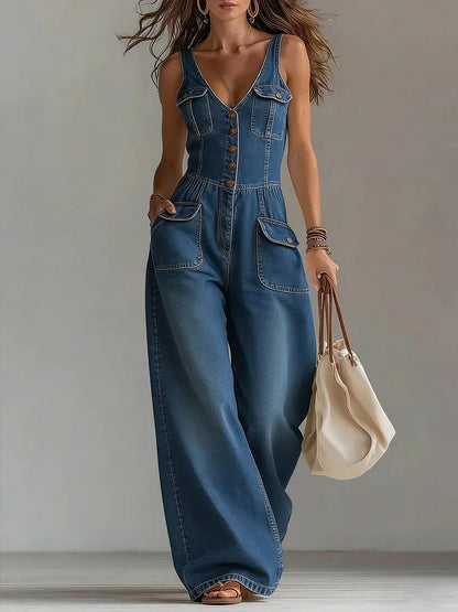 Lucille – Wide Leg Denim-Look Jumpsuit