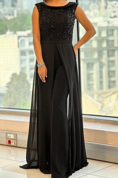 Kristen – Sequin Bodice Jumpsuit with Chiffon Overlay