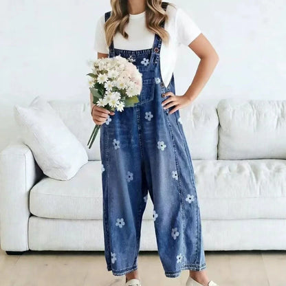 Natalia – Floral Denim Wide-Leg Overalls