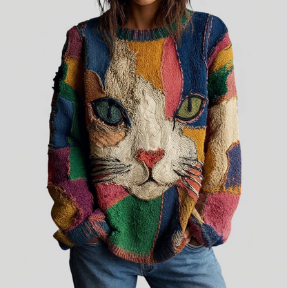 Joyce – Artistic Cat Patchwork Knit Sweater