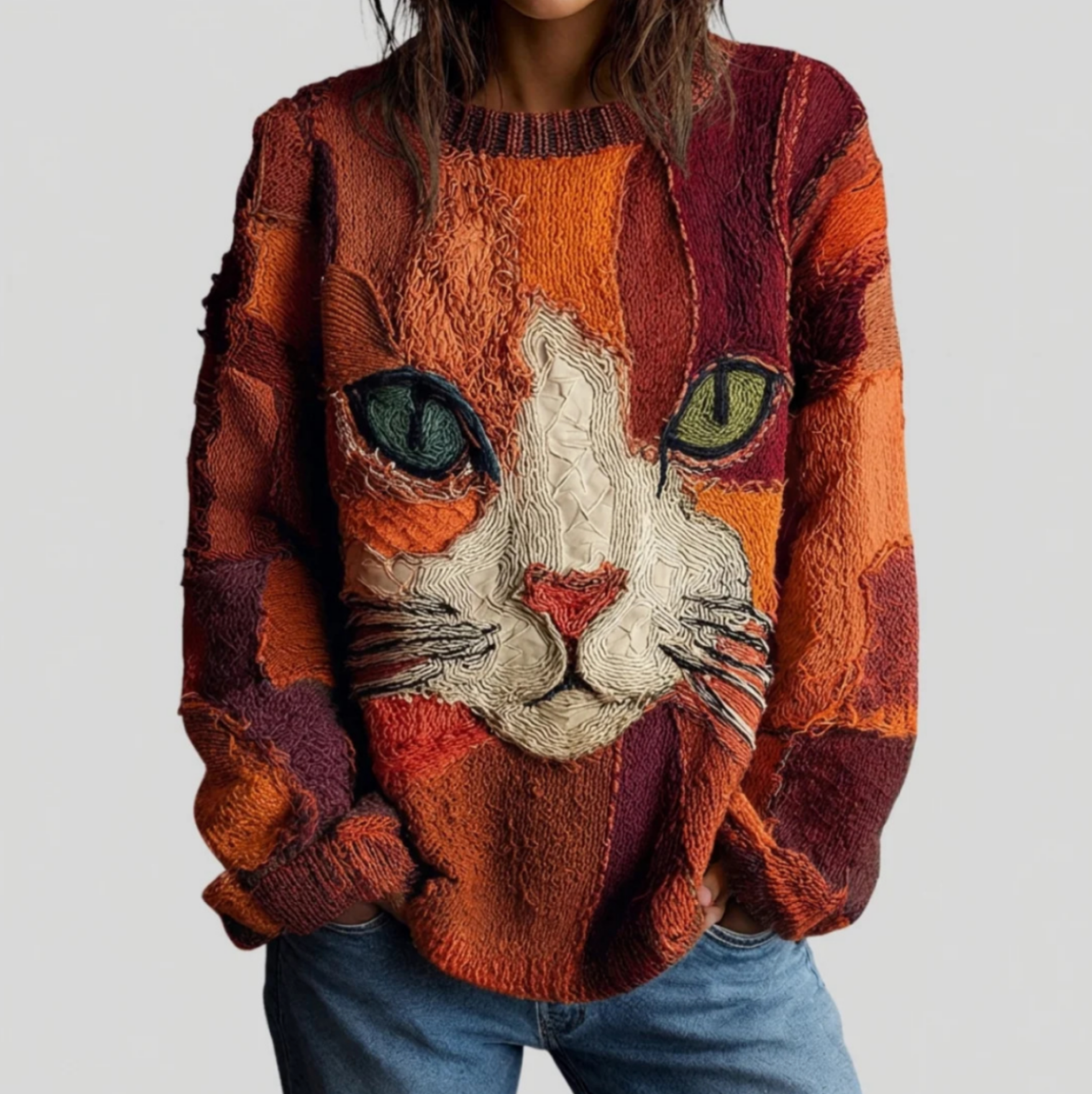 Joyce – Artistic Cat Patchwork Knit Sweater