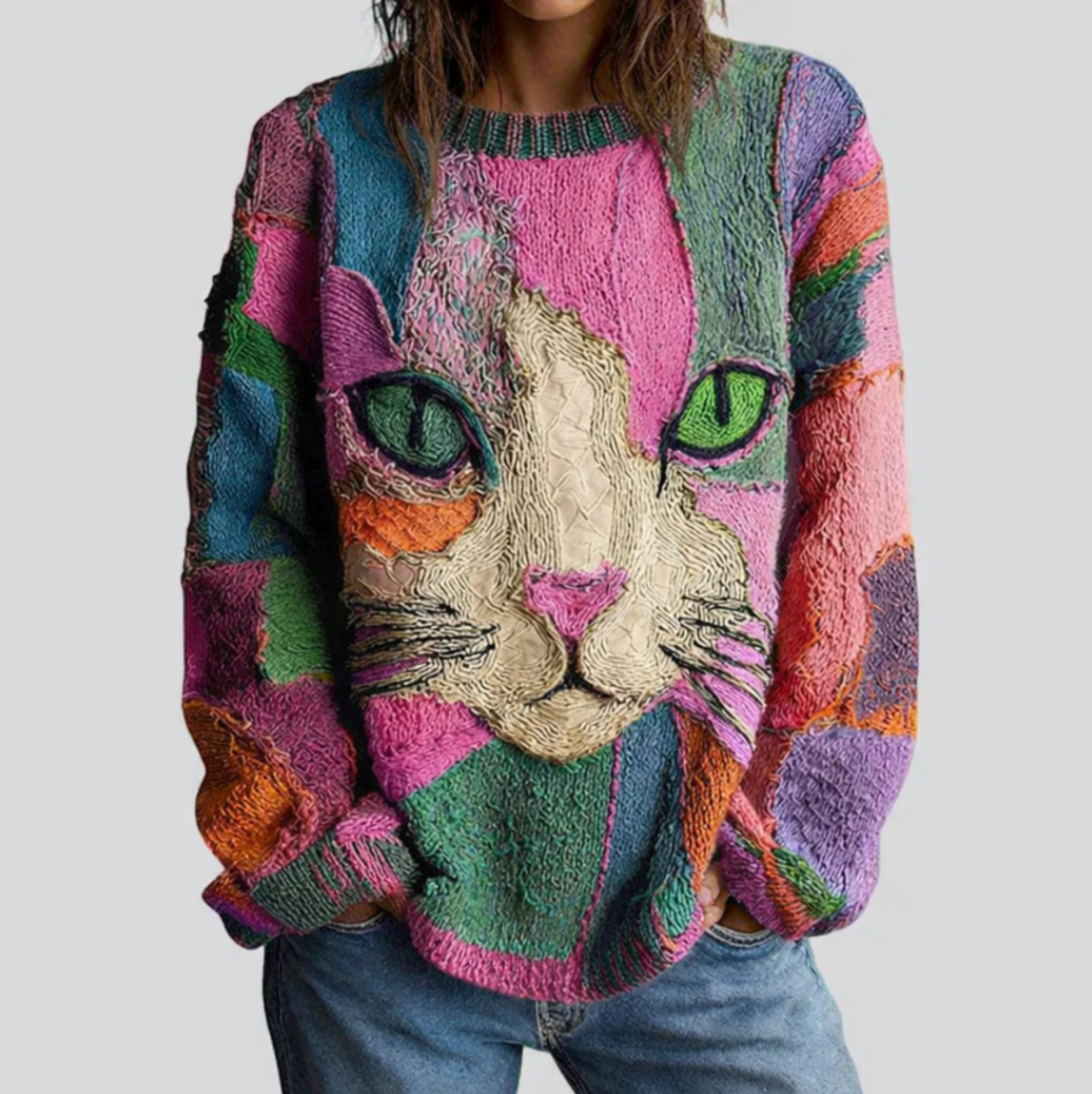 Joyce – Artistic Cat Patchwork Knit Sweater