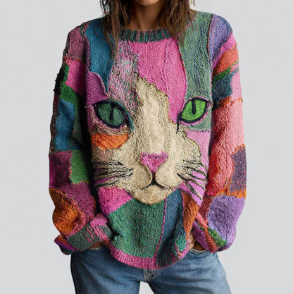 Joyce – Artistic Cat Patchwork Knit Sweater