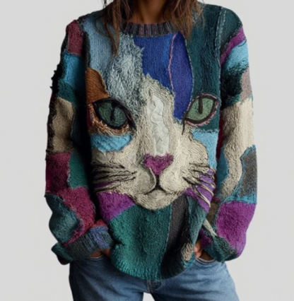 Joyce – Artistic Cat Patchwork Knit Sweater
