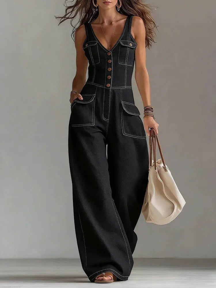 Lucille – Wide Leg Denim-Look Jumpsuit