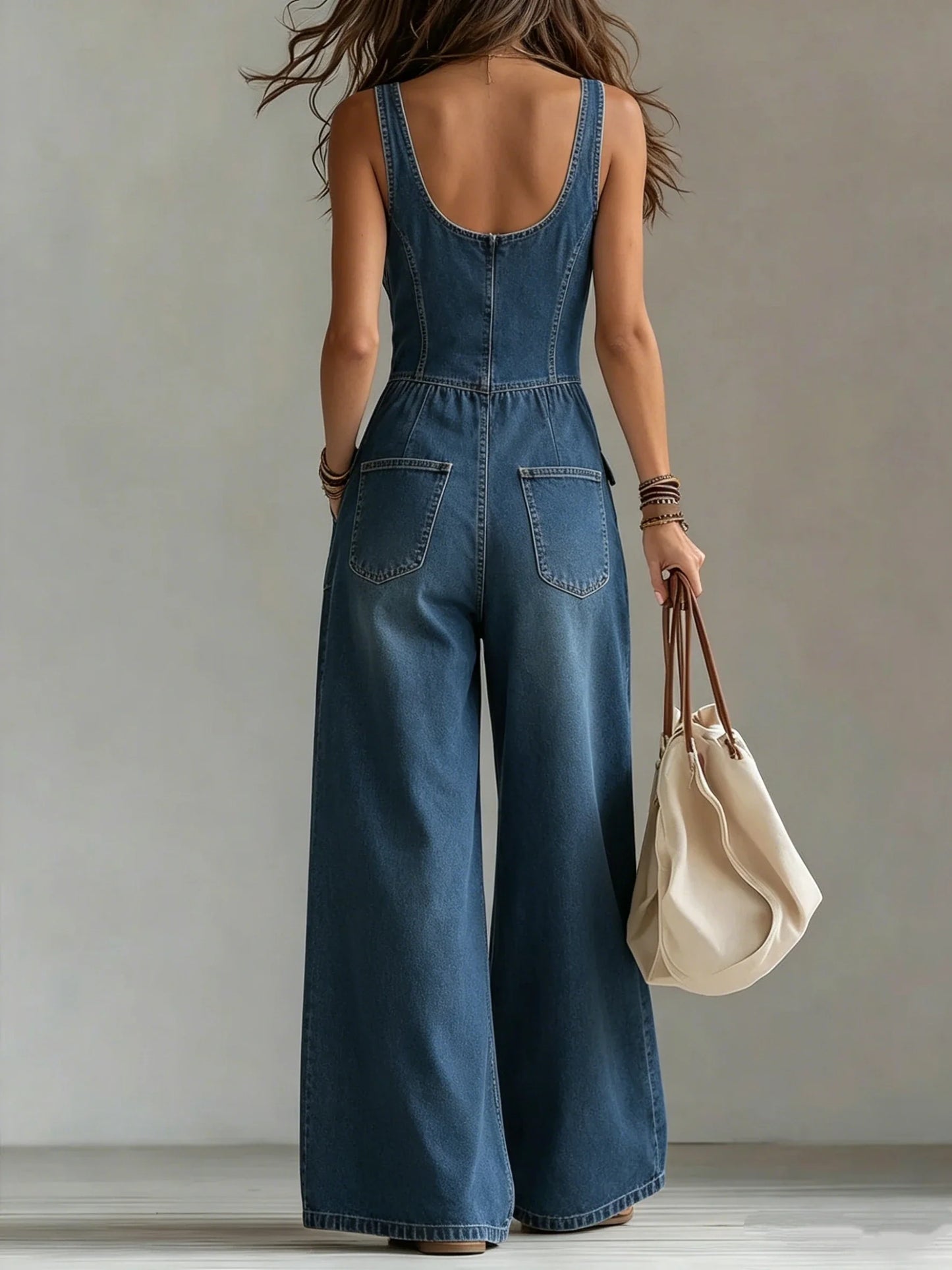 Lucille – Wide Leg Denim-Look Jumpsuit