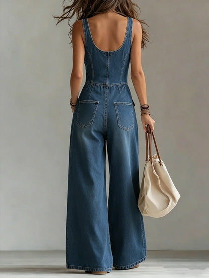 Lucille – Wide Leg Denim-Look Jumpsuit