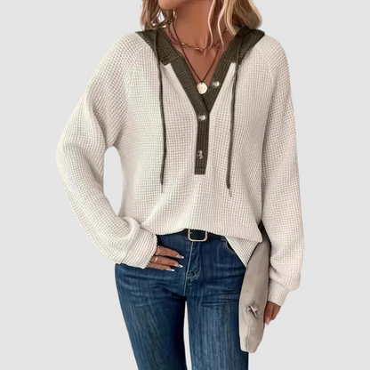 Nola – Waffle Knit Hooded Top with Button Detail