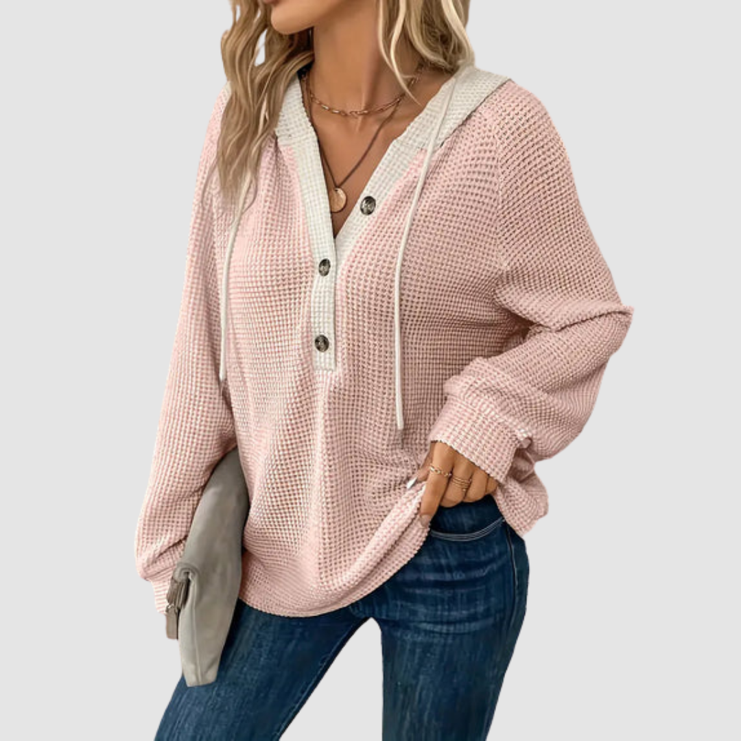 Nola – Waffle Knit Hooded Top with Button Detail
