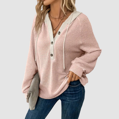 Nola – Waffle Knit Hooded Top with Button Detail