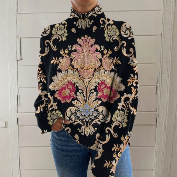 Nellie – Baroque Floral Mock-Neck Sweater