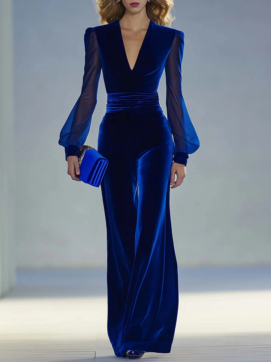 Sandra – Velvet Wide-Leg Jumpsuit with Sheer Sleeves