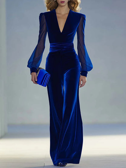 Sandra – Velvet Wide-Leg Jumpsuit with Sheer Sleeves