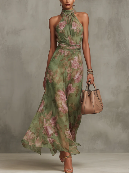 Alyna | Green Floral Chiffon Halter Maxi Dress