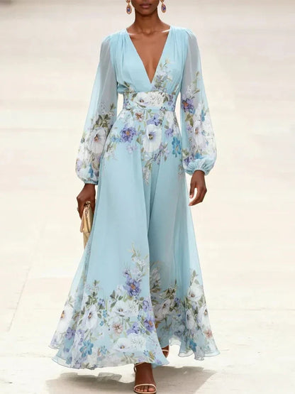 Juliette | Light Blue Floral Chiffon V-Neck Maxi Dress