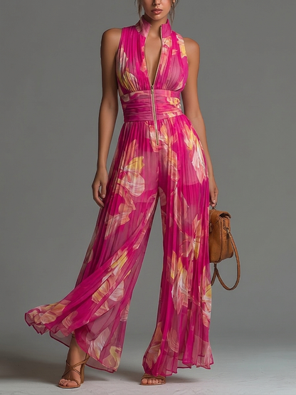 Helen – Floral Wide-Leg Pleated Jumpsuit