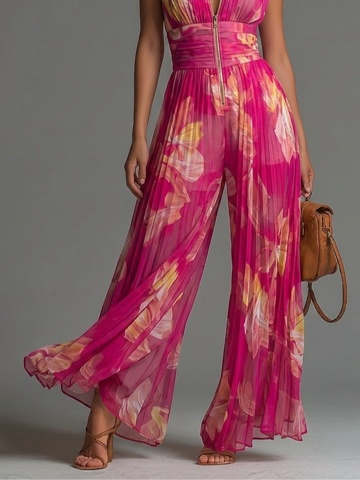 Helen – Floral Wide-Leg Pleated Jumpsuit