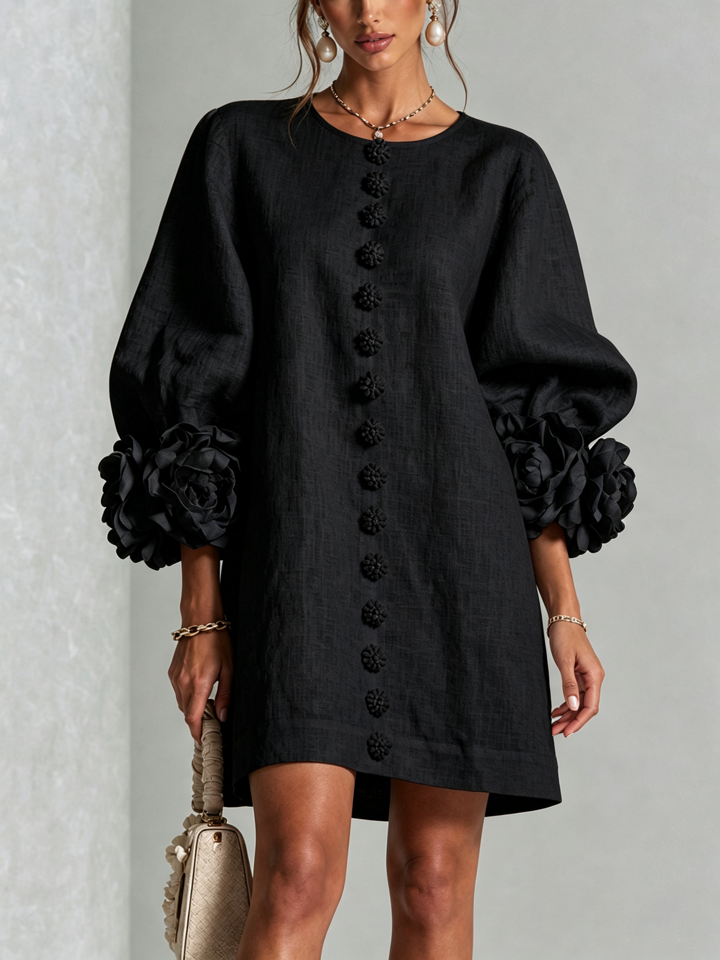 Mildred – Floral Cuff Button-Front Mini Dress
