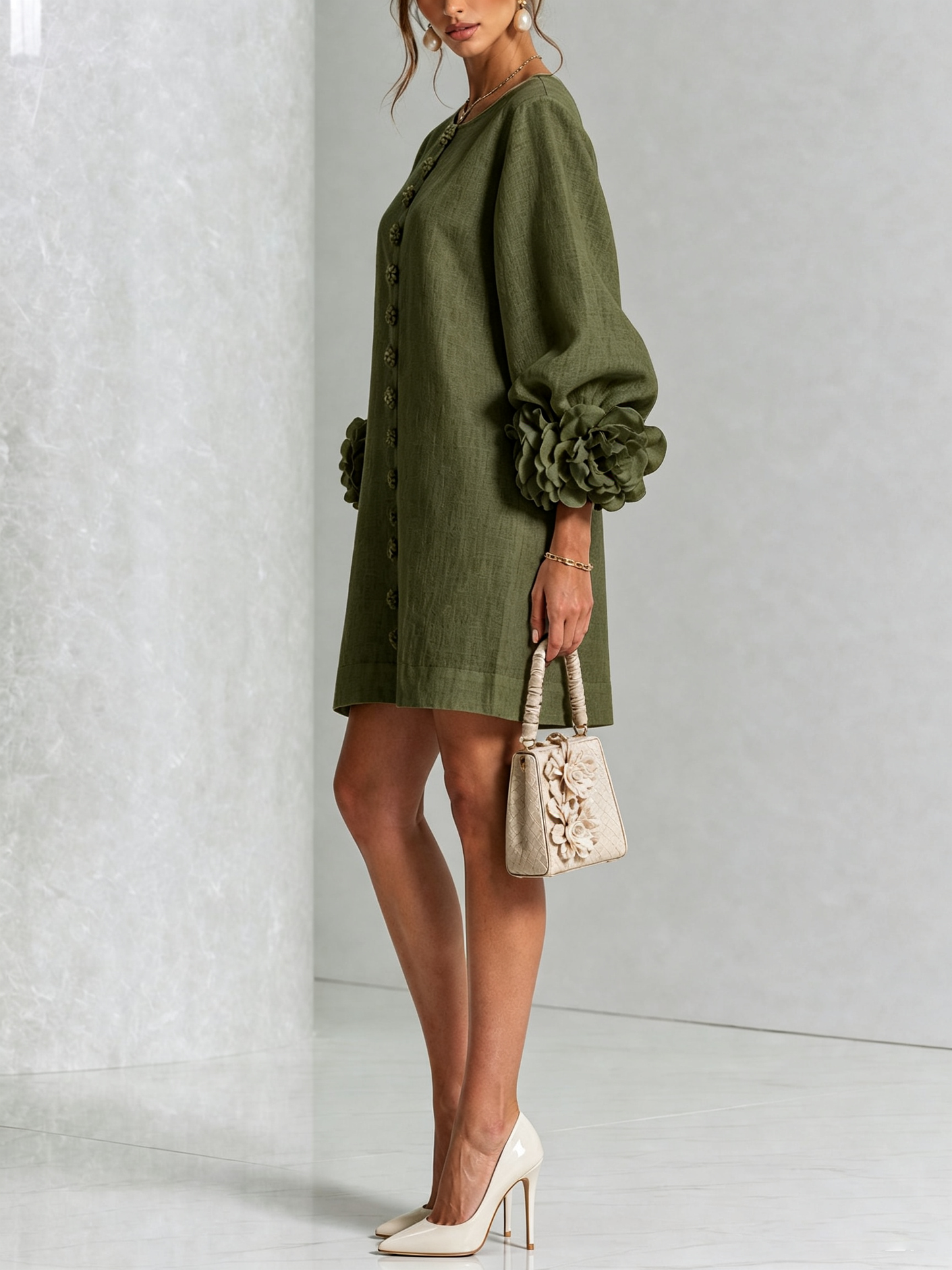 Mildred – Floral Cuff Button-Front Mini Dress