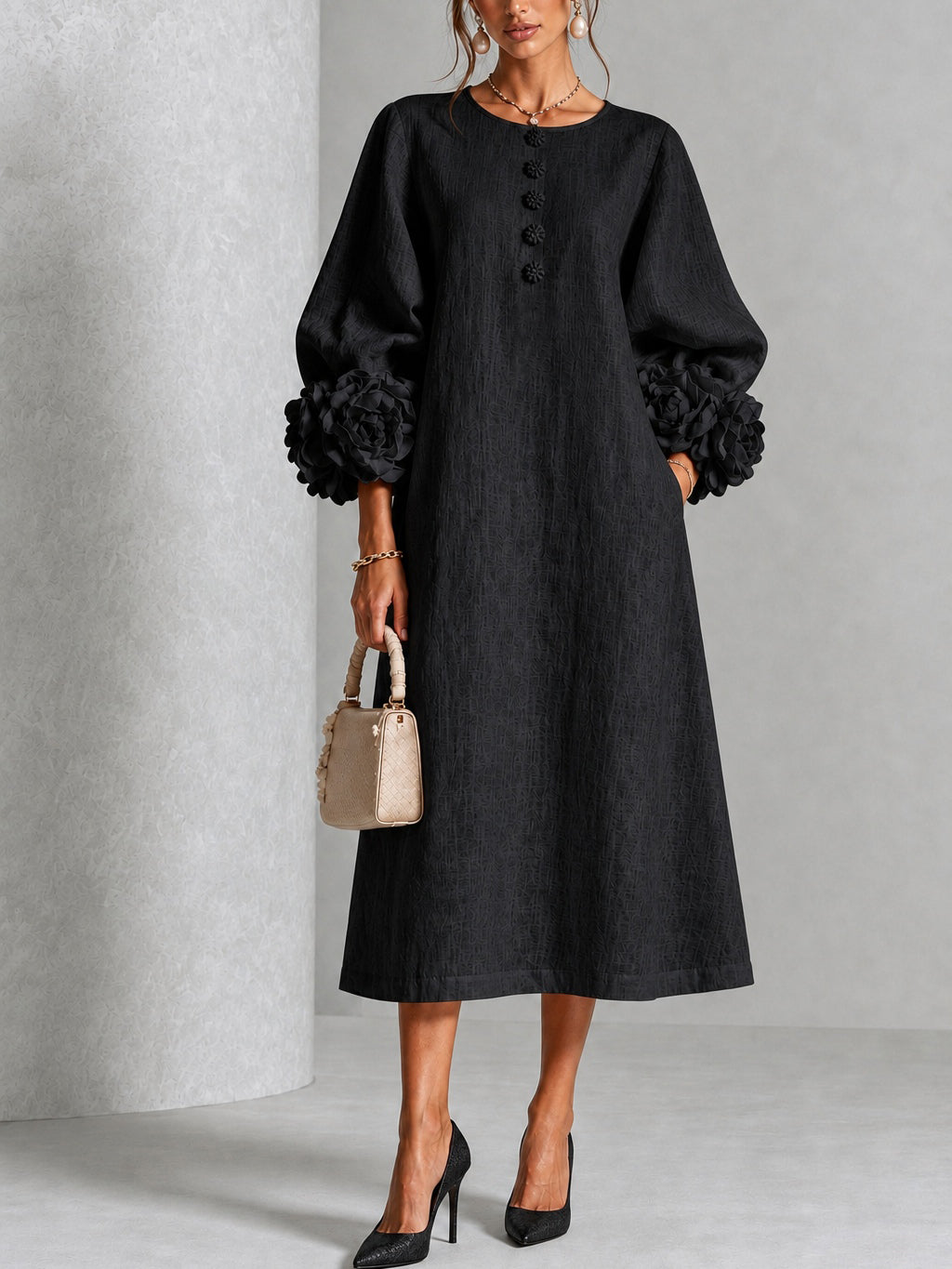 Marcella – Midi Dress with Sculptural Floral Cuffs