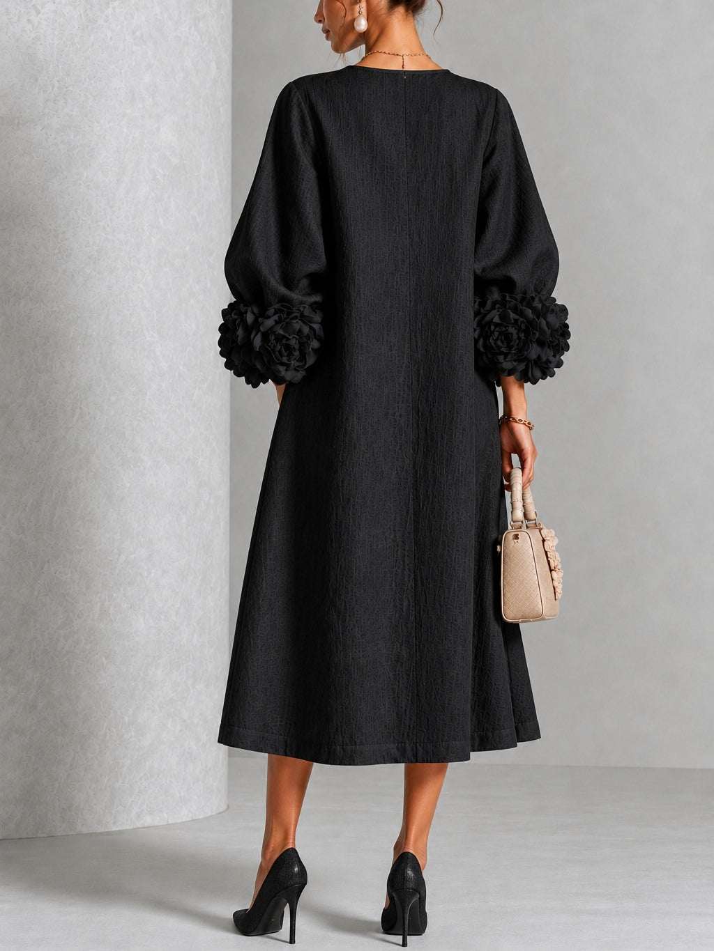 Marcella – Midi Dress with Sculptural Floral Cuffs