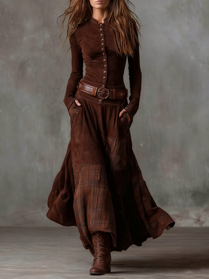 Amanda – Check-Panel Patchwork Maxi Dress