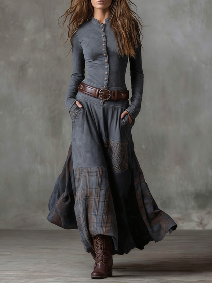 Amanda – Check-Panel Patchwork Maxi Dress