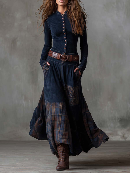 Amanda – Check-Panel Patchwork Maxi Dress