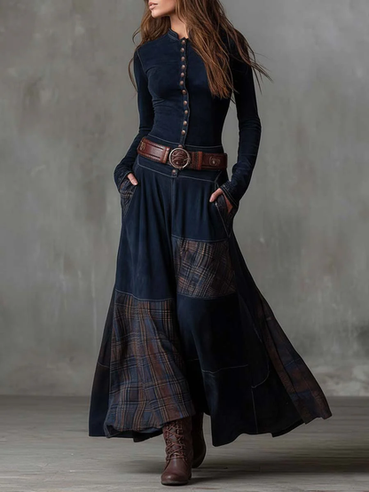 Amanda – Check-Panel Patchwork Maxi Dress