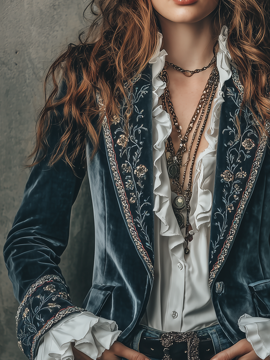Cathleen – Embroidered Velvet Blazer with Ruffle Cuffs