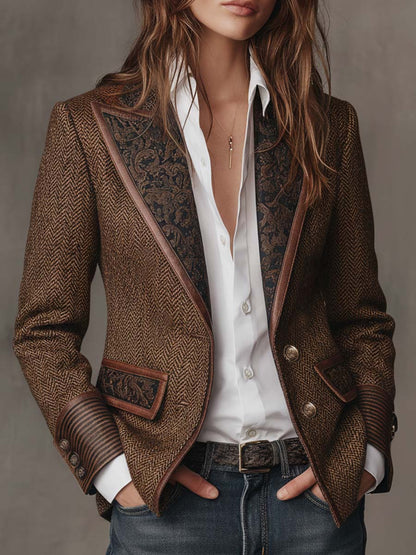 Leona – Herringbone Blazer with Printed Panels