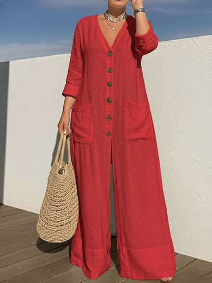 Kari – Wide Leg Button-Front Linen-Look Jumpsuit