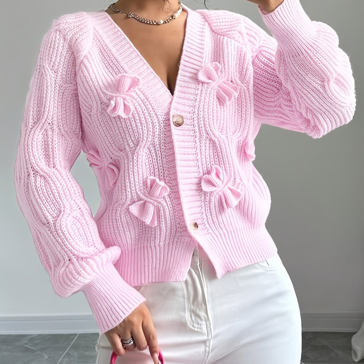 Elaine – Bow-Detail Cable-Knit Cardigan
