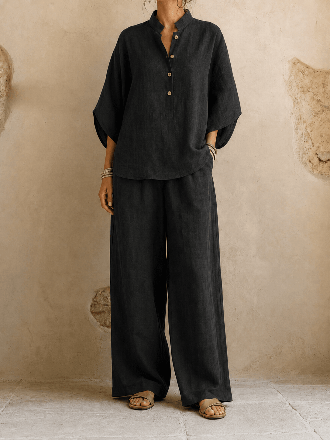 Jean – Linen-Look Blouse and Wide-Leg Pants Set