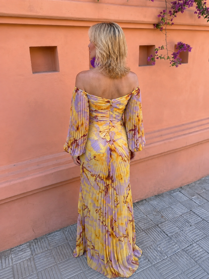 Mamie – Off-Shoulder Pleated Gown with Jewel Detail