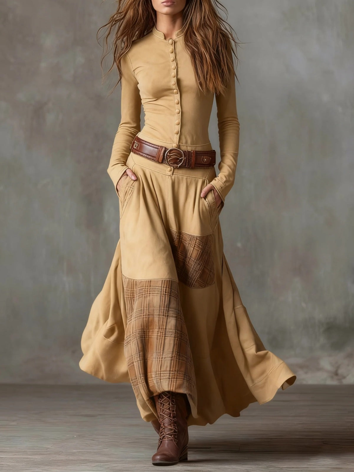 Amanda – Check-Panel Patchwork Maxi Dress