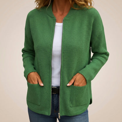 Heather – Ribbed Zip-Up Cardigan with Deep Pockets