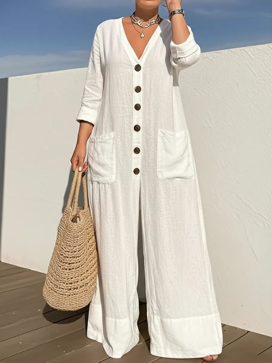 Kari – Wide Leg Button-Front Linen-Look Jumpsuit