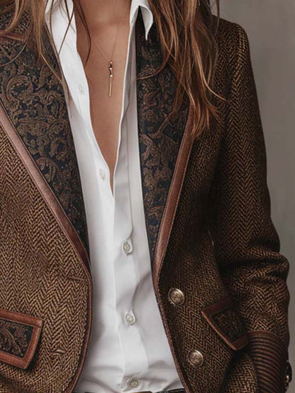 Leona – Herringbone Blazer with Printed Panels
