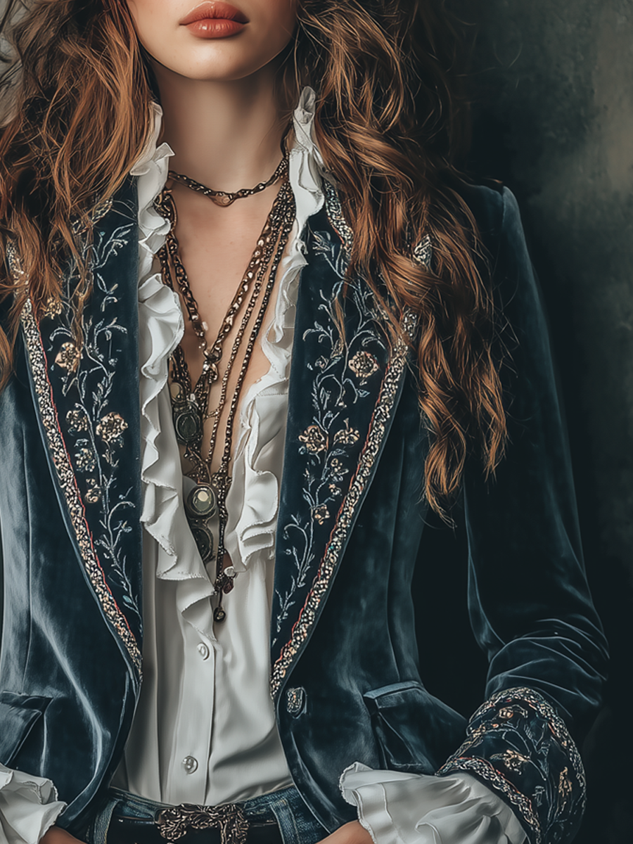 Cathleen – Embroidered Velvet Blazer with Ruffle Cuffs