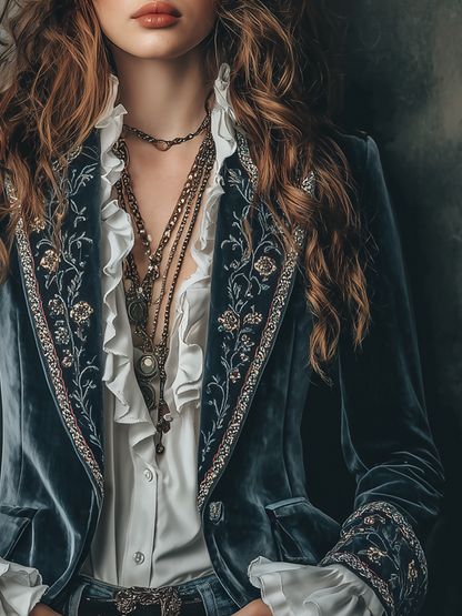 Cathleen – Embroidered Velvet Blazer with Ruffle Cuffs