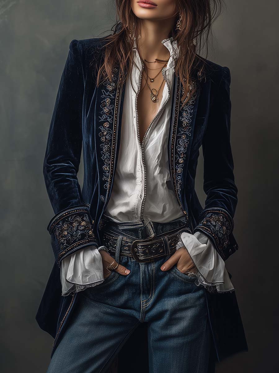 Rosemary – Embroidered Velvet-Look Long Jacket