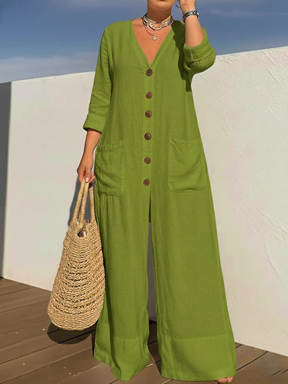 Kari – Wide Leg Button-Front Linen-Look Jumpsuit