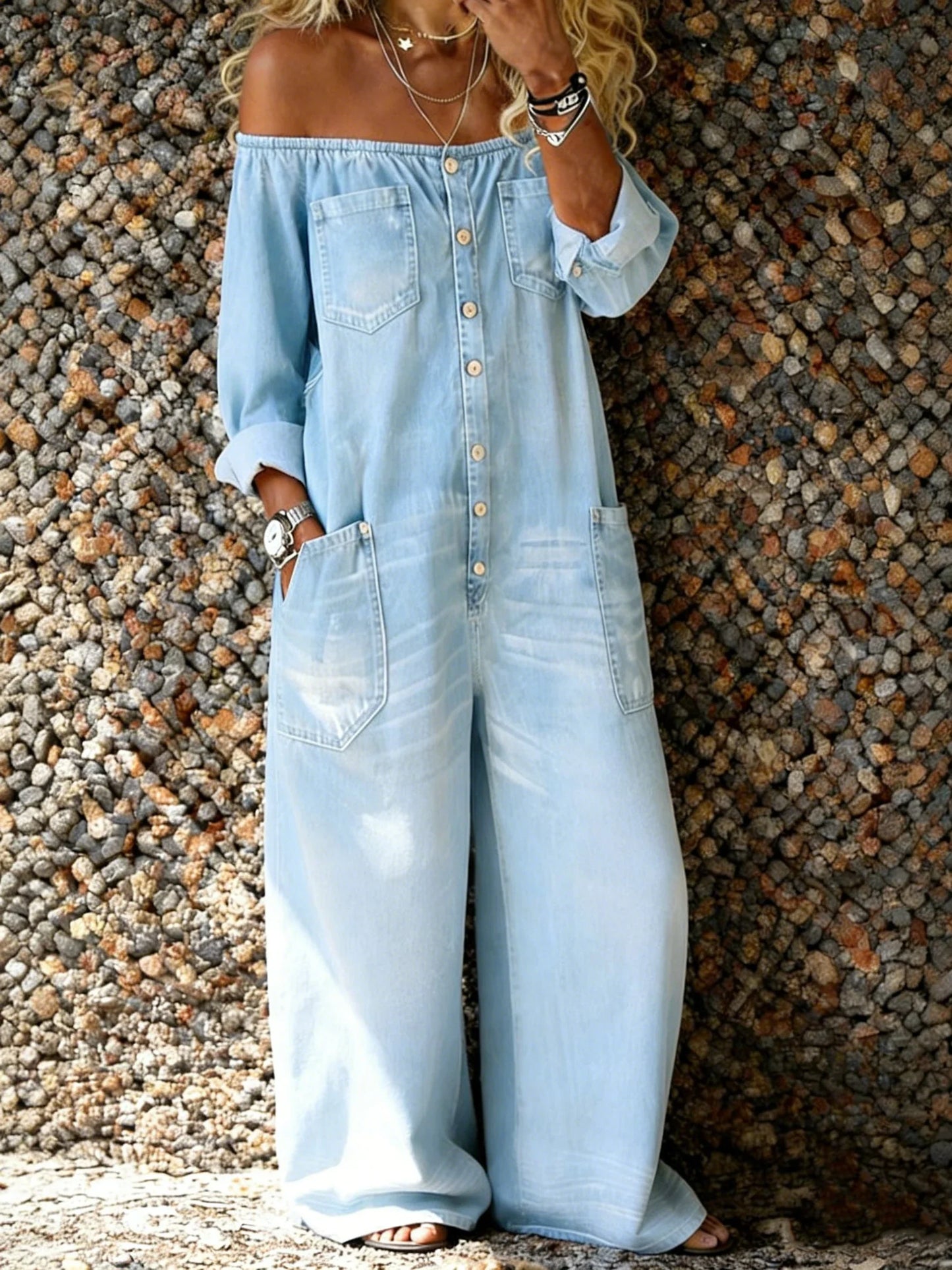Renata – Off-Shoulder Denim-Look Wide Leg Jumpsuit