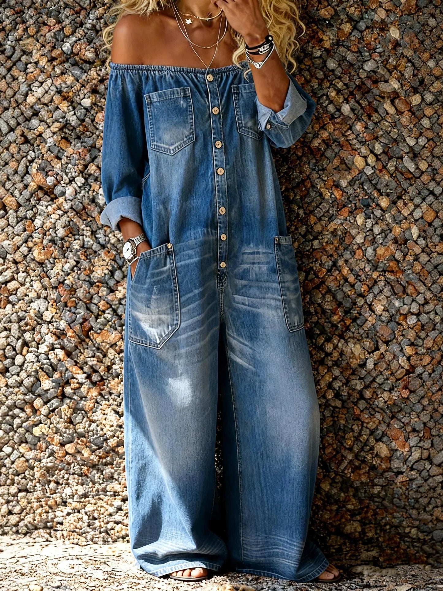 Renata – Off-Shoulder Denim-Look Wide Leg Jumpsuit