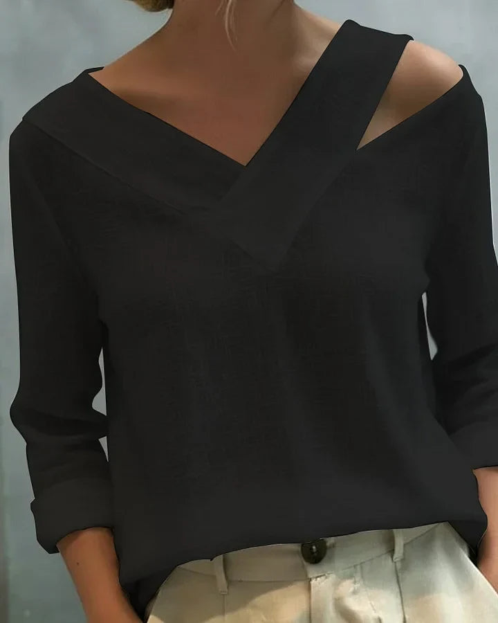 Kendra – Off-Shoulder V-Neck Linen-Look Top