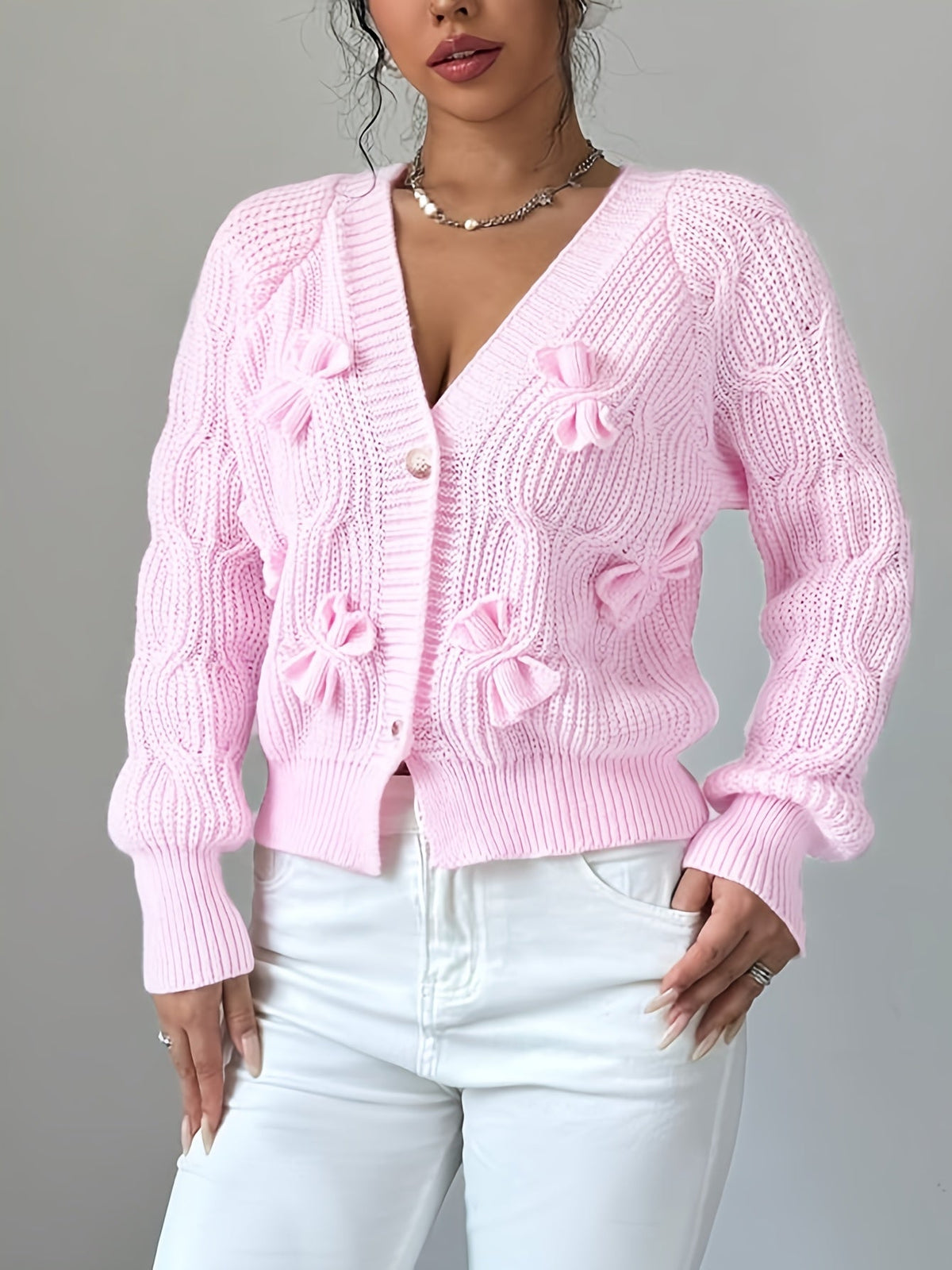 Elaine – Bow-Detail Cable-Knit Cardigan