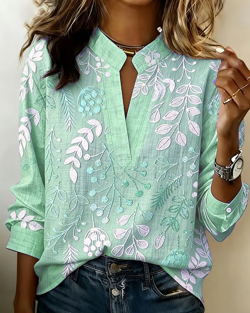 Janet – Botanical Print Long Sleeve Blouse