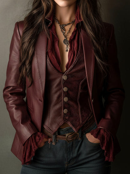 Pamela – Faux Leather Blazer with Ruffle Detail