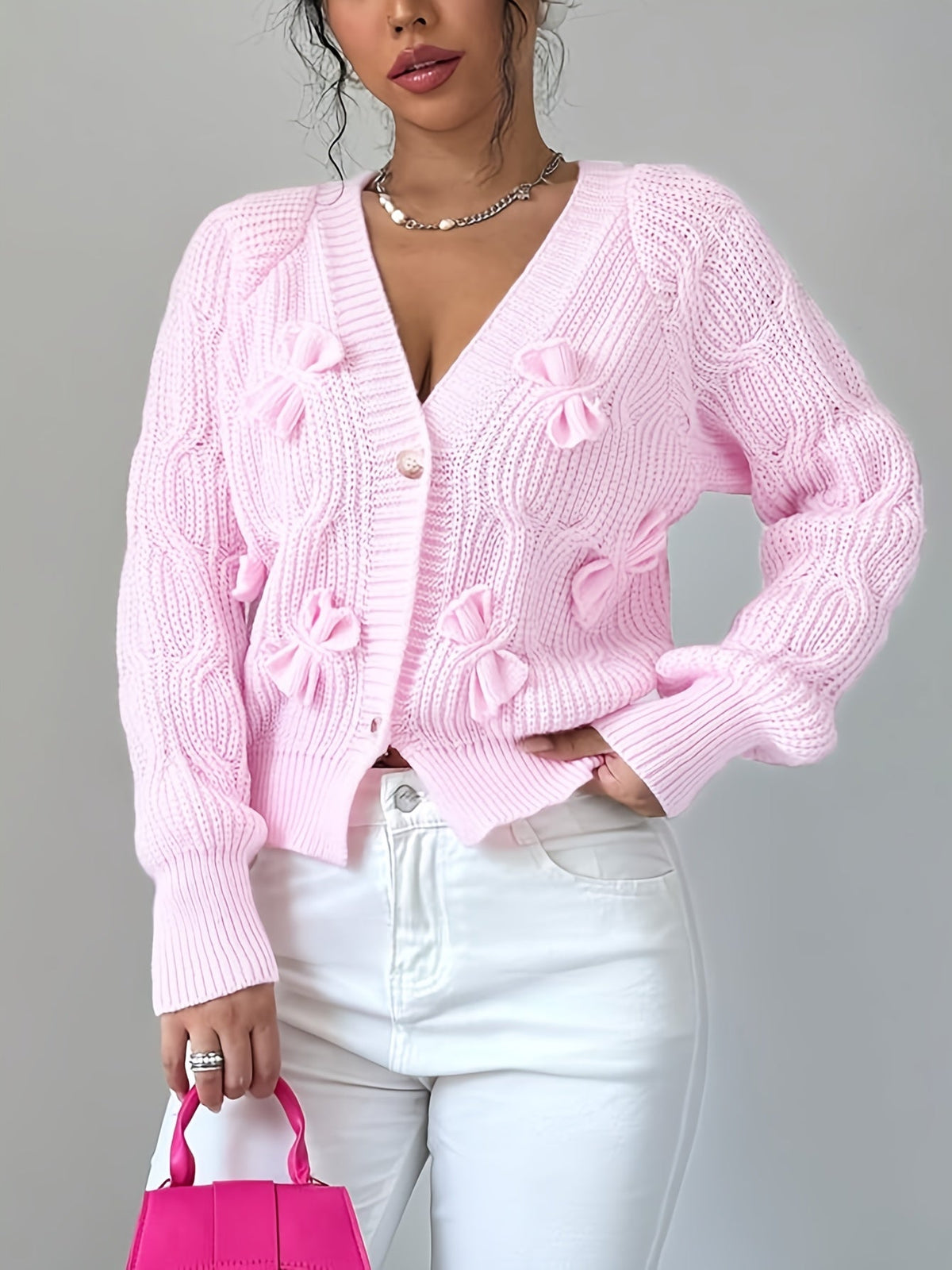 Elaine – Bow-Detail Cable-Knit Cardigan